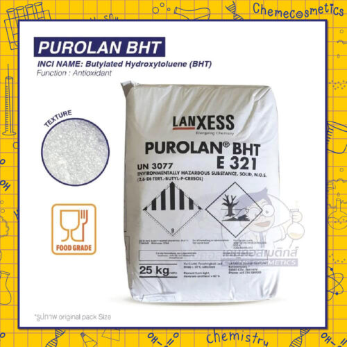 Purolan BHT (Butylated Hydroxytoluene) BHT  สารต้านอนุมูลอิสระเหมาะสำหรับน้ำมันและกรดไขมัน ป้องกันกลิ่นเหม็นหืนในเครื่องสำอาง