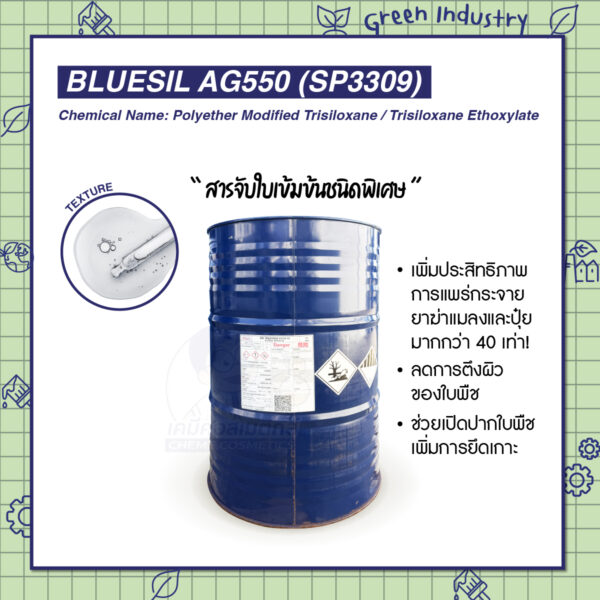 Bluesil AG550 (SP3309) สารจับใบเข้มข้นชนิดพิเศษ เพิ่มประสิทธิภาพการแพร่กระจายยาฆ่าแมลงและปุ่ย มากกว่า 40 เท่า!