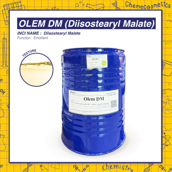 OLEM DM (Diisostearyl Malate) สารให้ความชุ่มชื้น Emollient ความหนืดสูง ให้ความลื่น นุ่มนวล ไม่เหนียวเหนอะหนะ เพิ่มความเงาของลิปสติก เพิ่มความแข็ง กระจายสีได้ยอดเยี่ยม