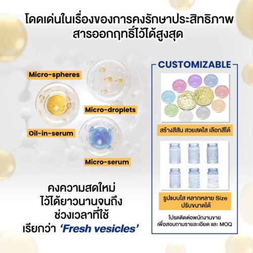 Fresicle A วิตามินเอ (Vitamin A) หรือ เรตินิลปาลมิเตต (Retinyl Palmitate) ห่อหุ้มในไมโครบีด ด้วยเทคโนโลยีไมโครฟลูอิดิกส์มีความเสถียรสูง ช่วยต่อต้านริ้วรอยปรับสภาพผิวที่ถูกทำลายจากรังสียูวี บำรุงผิวที่ให้ความชุ่มชื้นและสดชื่น - Image 2