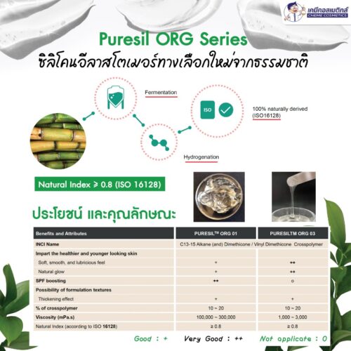 Alternative view of Puresil ORG-03 (Silicone Elastomer) ซิลิโคนอีลาสโตเมอร์ จากธรรมชาติ 80% ให้เนื้อโกลว์ มอบสัมผัสนุ่มนวล เรียบเนียน เงางาม  รักษาความชุ่มชื้นของผิวและลดการเกิดคราบขาวของครีมกันแดด