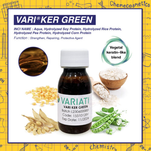Vari Ker Green (Plant-based Hair Repair) สารสกัดจากโปรตีนพืช จาก ถั่วเหลือง ข้าว ถั่วลันเตา และข้าวโพด บำรุงผมเสีย ฟื้นฟูโครงสร้างผม ลดการพันกันของเส้นผม เหมาะสำหรับ ผลิตภัณฑ์บำรุงผมแห้งเสียพิเศษ