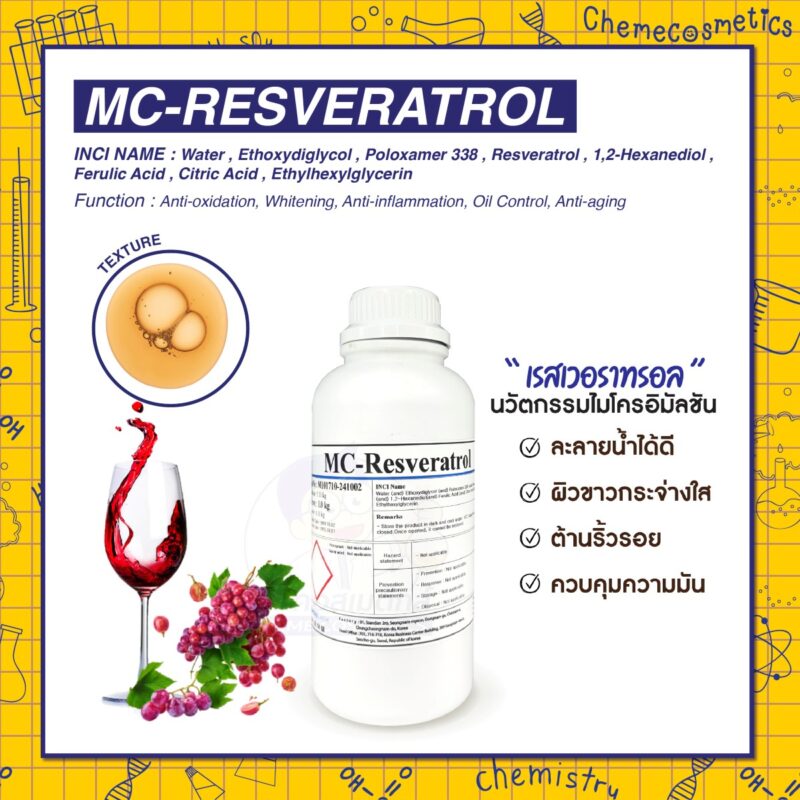 MC-Resveratrol (Stabilized Resveratrol) เรสเวอราทรอล นวัตกรรมไมโครอิมัลชัน ละลายน้ำได้ดี มีประสิทธิภาพสูง เพื่อผิวขาวกระจ่างใส ต้านริ้วรอย ควบคุมความมัน