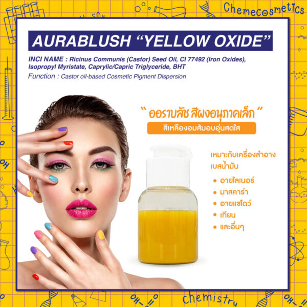 Aurablush “Yellow Oxide" ออราบลัช สีผงอนุภาคเล็กสีเหลืองอมส้มอบอุ่นสดใส สำหรับใช้ในเครื่องสำอางเบสน้ำมัน เช่น ลิปสติก มาสคาร่า รองพื้น เทียน และอื่นๆ