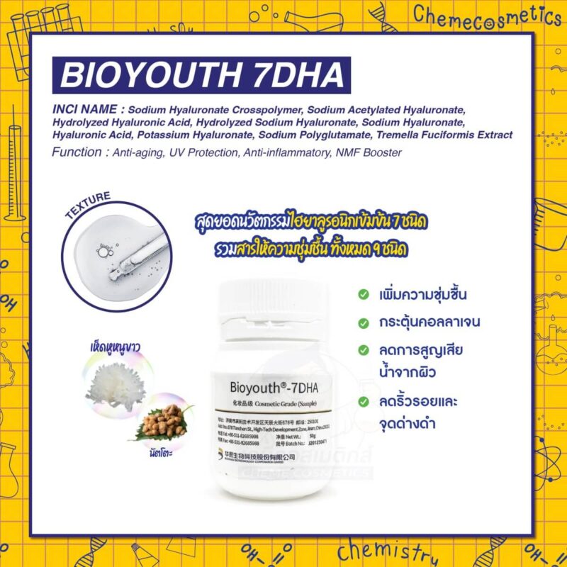 Bioyouth 7DHA สุดยอดนวัตกรรมไฮยาลูรอนิกเข้มข้น 7 ชนิด รวมสารให้ความชุ่มชื้น ทั้งหมด 9 ชนิด ทำงานในทุกชั้นผิว เติมน้ำลึกสามมิติ ต้านริ้วรอย คืนผิวเด็ก!