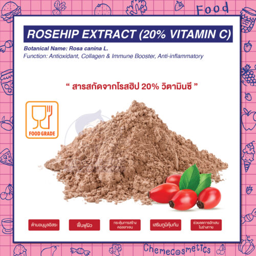Rosehip Extract (20% Vitamin C) สารสกัดจากโรสฮิป 20% วิตามินซี ต้านอนุมูลอิสระ ฟื้นฟูผิว กระตุ้นการสร้างคอลลาเจน ลดเลือนริ้วรอย เสริมภูมิคุ้มกัน และช่วยลดการอักเสบในร่างกาย