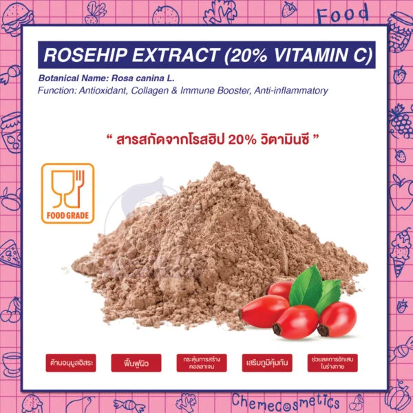 Rosehip Extract (20% Vitamin C) สารสกัดจากโรสฮิป 20% วิตามินซี ต้านอนุมูลอิสระ ฟื้นฟูผิว กระตุ้นการสร้างคอลลาเจน ลดเลือนริ้วรอย เสริมภูมิคุ้มกัน และช่วยลดการอักเสบในร่างกาย