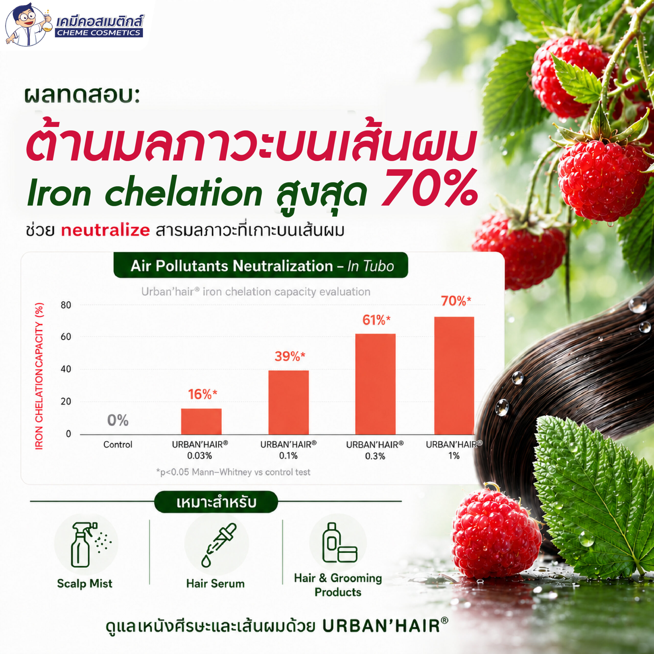 URBAN'HAIR - Premium Anti-Pollution Shield For Hair & Scalp สารสกัดใบราสเบอร์รี่ ปกป้องผมและหนังศีรษะจากมลพิษเมือง คืนความเงางาม ลดระคายเคืองหนังศีรษะ มาตรฐาน COSMOS - Image 8