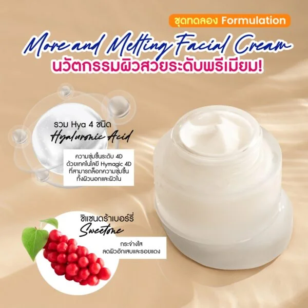 ชุดทดลอง More and Melting Facial Cream ครีมบำรุงผิวหน้า นวัตกรรมความชุ่มชื้นขั้นสูงที่รวมพลัง Hyaluronic Acid ถึง 4 ชนิด ด้วยโครงสร้าง three-dimensional network ที่กักเก็บความชุ่มชื้น
