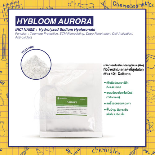 Hybloom Aurora (Hydrolyzed Sodium Hyaluronate) นวัตกรรมโซเดียมไฮยาลูโรเนต (HA) ที่มีน้ำหนักโมเลกุลต่ำที่สุดในโลก เพียง 401 Daltons เพื่อผิวอ่อนเยาว์ลึกถึงระดับเซลล์ ชะลอวัยระดับเทโลเมียร์ (Telomere) ลดริ้วรอยรอบดวงตา ฟื้นบำรุง ผิวกระชับเต่งตึง เปล่งปลั่ง