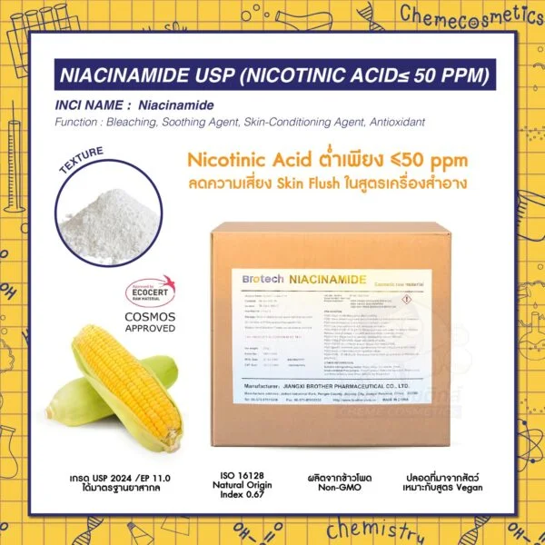 Niacinamide USP (Nicotinic Acid ≤ 50 PPM) ไนอาซินาไมด์ (Vitamin B3/วิตามินบี 3) เกรด USP COSMOS Approved ผลิตจากข้าวโพด Non-GMO ควบคุม Nicotinic Acid ต่ำ ≤50 ppm เพื่อลดความเสี่ยง Skin Flushing หรืออาการผิวหน้าแดงวระคายเคือง