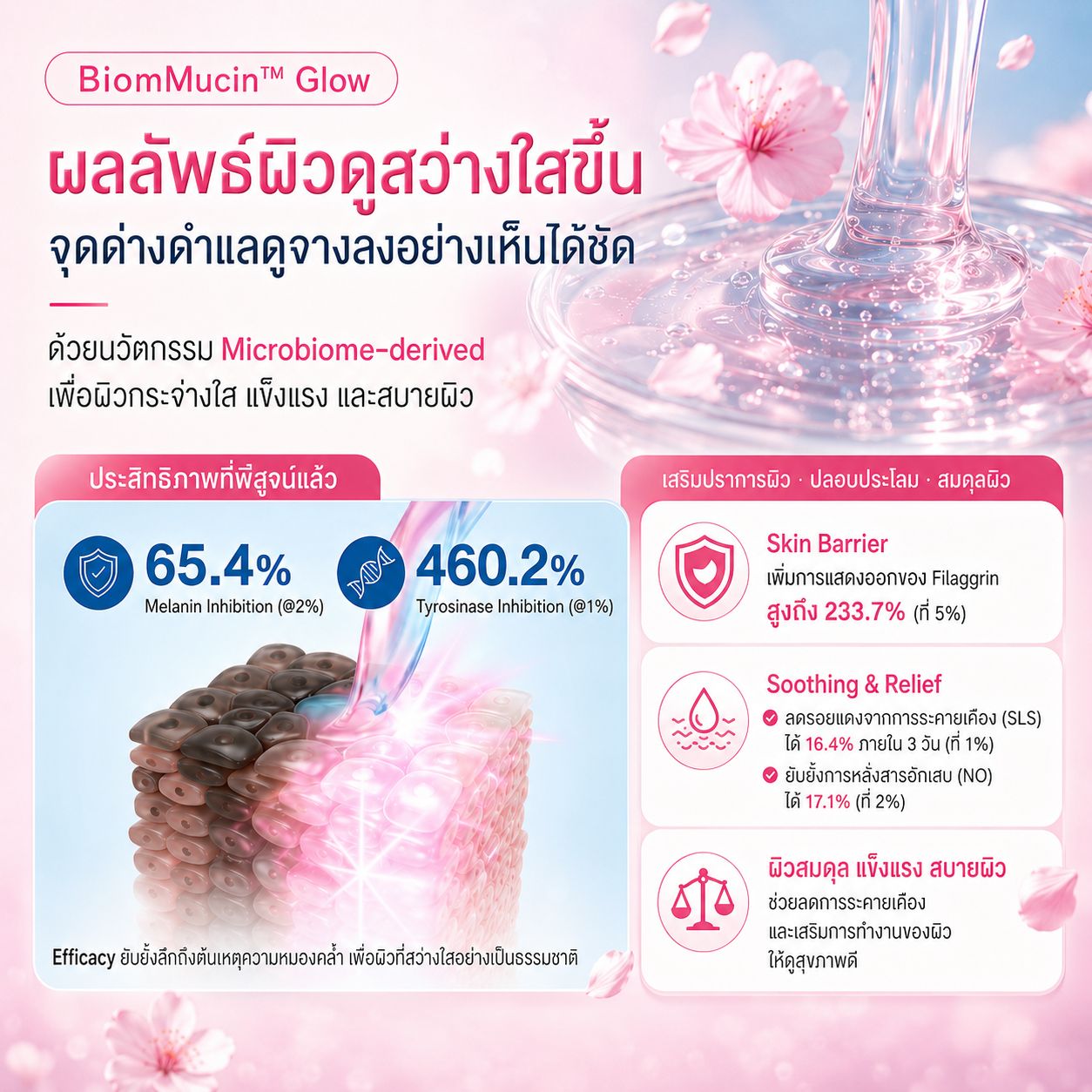 BiomMucin Glow สารสกัดเมือกหอยทาก (Plant Mucin) จากดอกซากุระเกาะเชจู (Jeju Cherry Blossom) เปลี่ยนผิวหมองคล้ำให้ฉ่ำวาวมีออร่า กระจ่างใส เรียบเนียนเสริมเกราะผิวและปลอบประโลมผิวบอบบาง - Image 2